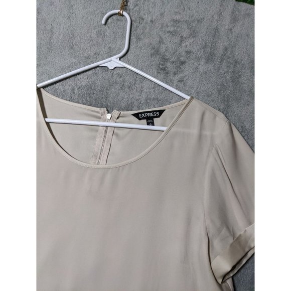 🍑EXPRESS Women Knit Tunic Solid Beige Round Neck Short Sleeve Zip Close M(8-10) - Picture 7 of 11